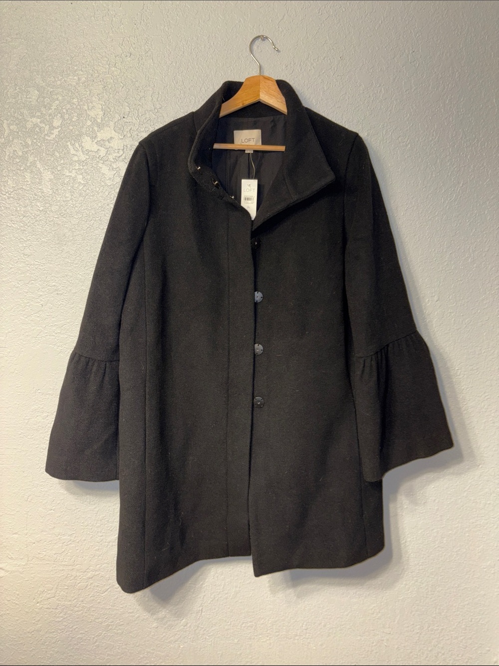 LOFT Black Bell-Sleeve Wool-Blend Pea Coat